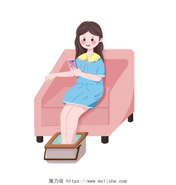 悠闲泡脚玩手机的女孩卡通PNG素材足浴泡脚养生